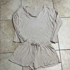 Cream Pajama Set with Long-Sleeve Top and Drawstring Shorts